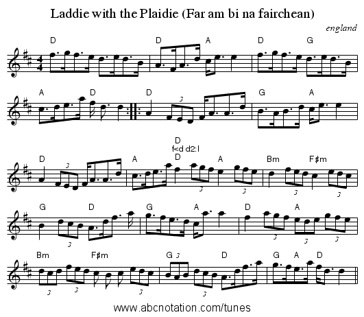 Laddie with the Plaidie (Far am bi na fairchean) - staff notation