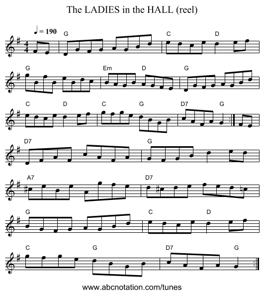 LADIES in the HALL (reel), The - staff notation