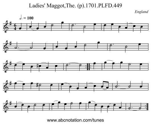 Ladies' Maggot,The. (p).1701.PLFD.449 - staff notation