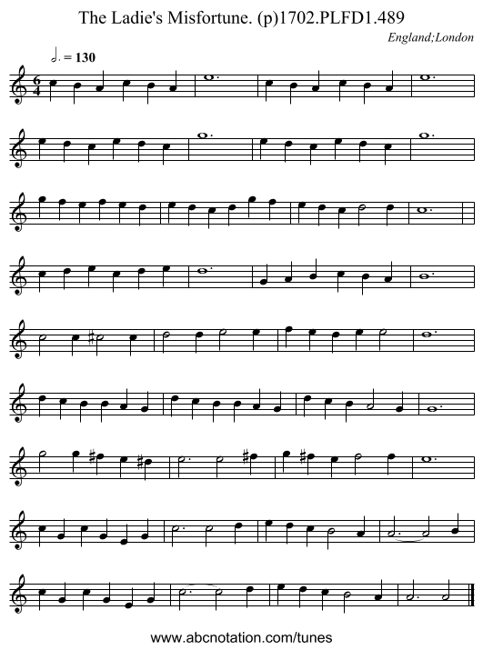 Ladie's Misfortune. (p)1702.PLFD1.489, The - staff notation