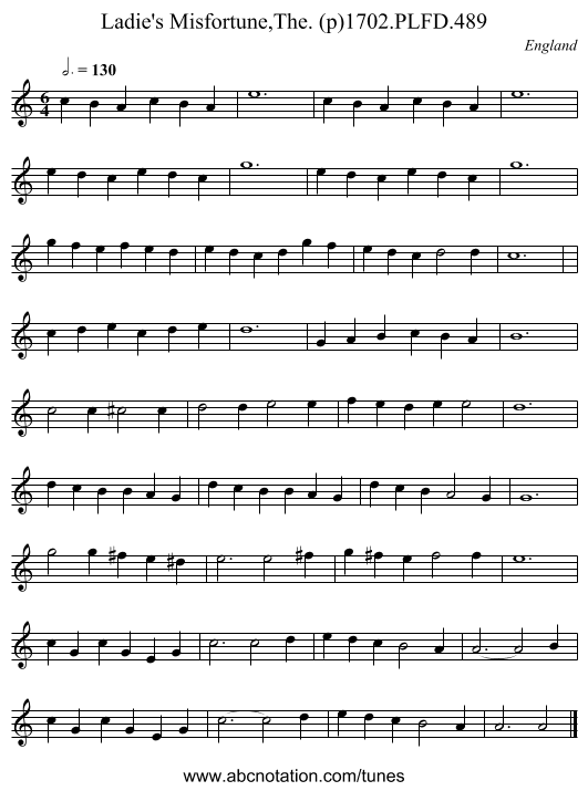 Ladie's Misfortune,The. (p)1702.PLFD.489 - staff notation