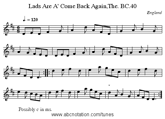 Lads Are A' Come Back Again,The. BC.40 - staff notation