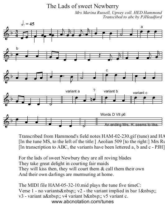 Lads of sweet Newberry, The - staff notation