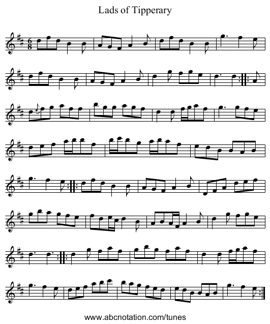 Lads of Tipperary - staff notation