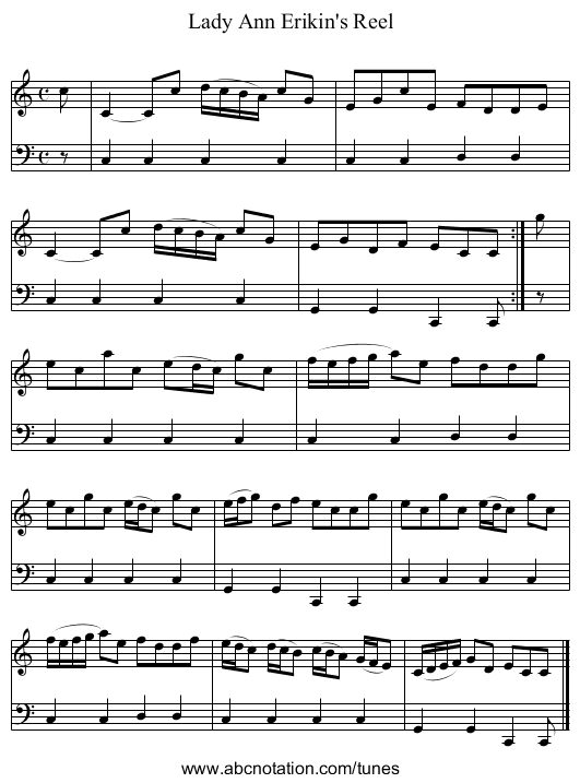 Lady Ann Erikin's Reel - staff notation