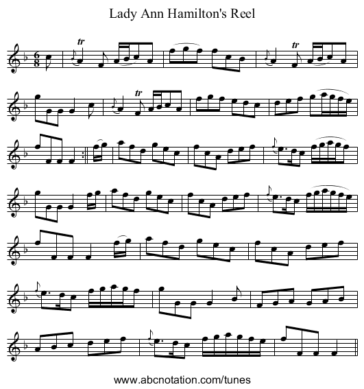 Lady Ann Hamilton's Reel - staff notation