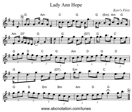 Lady Ann Hope - staff notation
