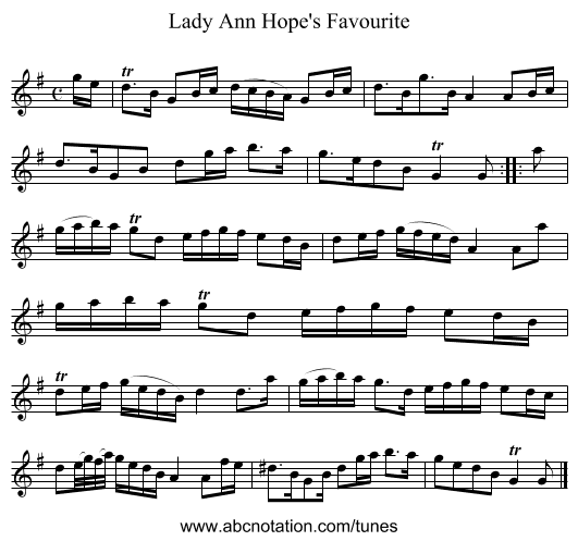 Lady Ann Hope's Favourite - staff notation