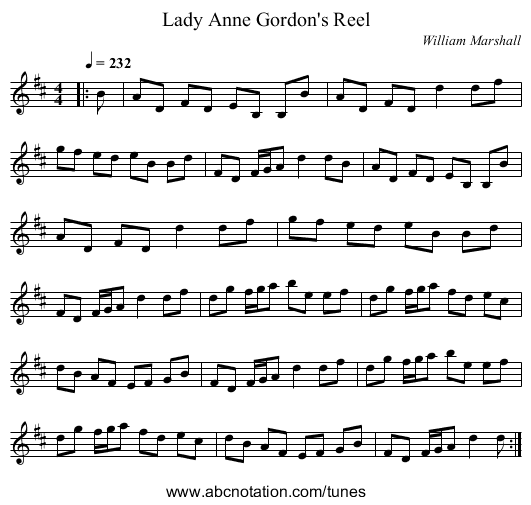 Lady Anne Gordon's Reel - staff notation