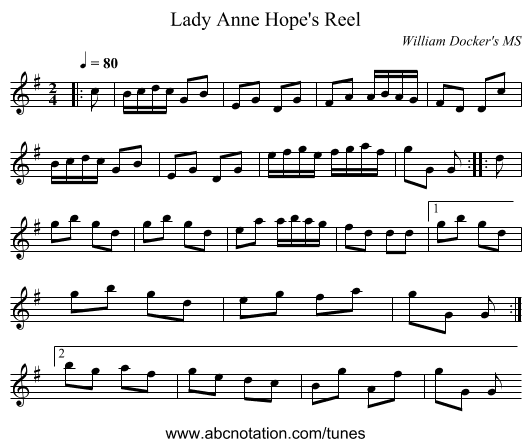 Lady Anne Hope's Reel - staff notation