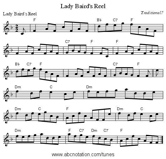 Lady Baird's Reel - staff notation