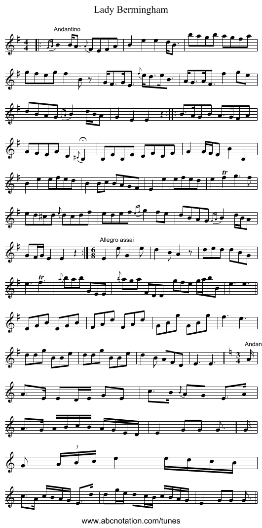 Lady Bermingham - staff notation