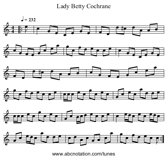 Lady Betty Cochrane - staff notation
