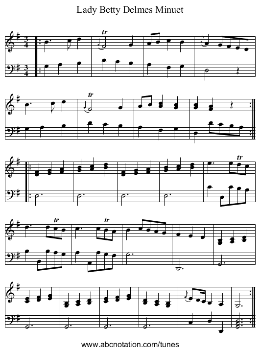 Lady Betty Delmes Minuet - staff notation