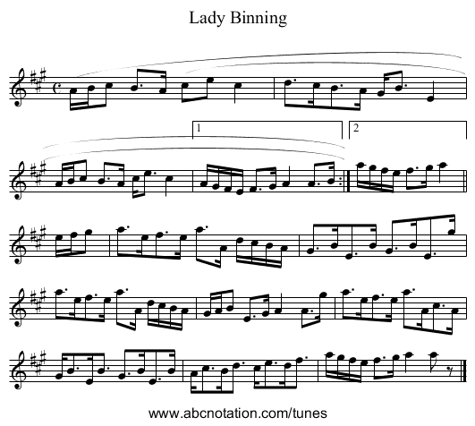Lady Binning - staff notation