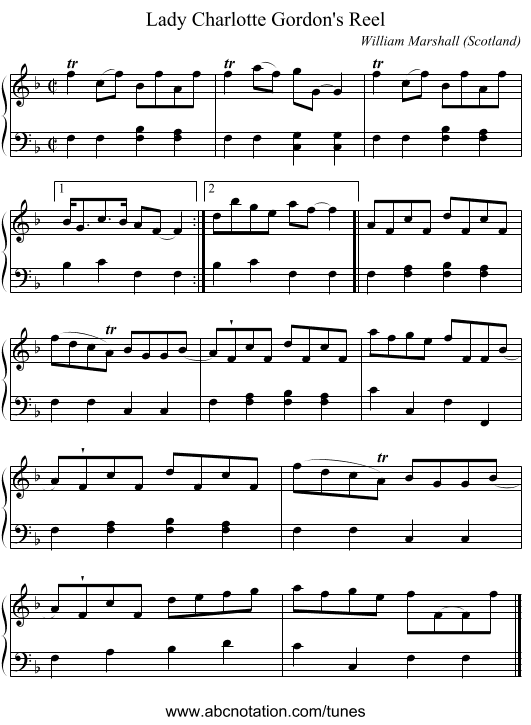 Lady Charlotte Gordon's Reel - staff notation