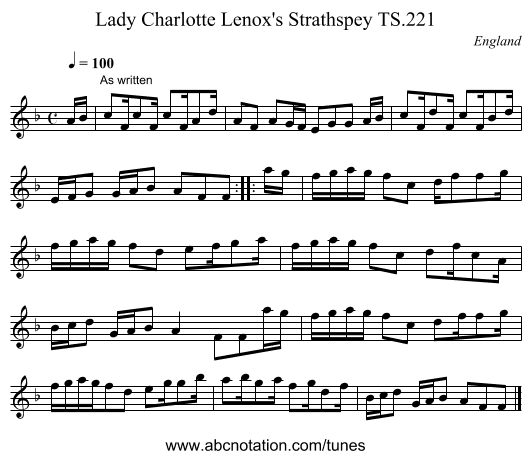 Lady Charlotte Lenox's Strathspey TS.221 - staff notation