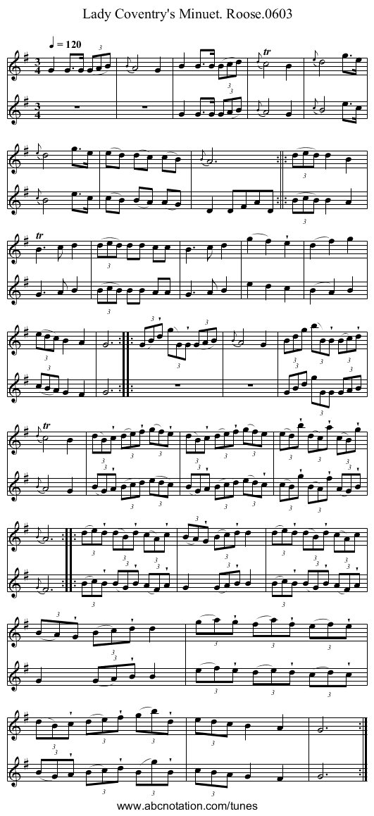 Lady Coventry's Minuet. Roose.0603 - staff notation
