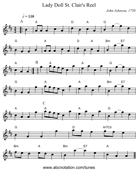 Lady Doll St. Clair's Reel - staff notation