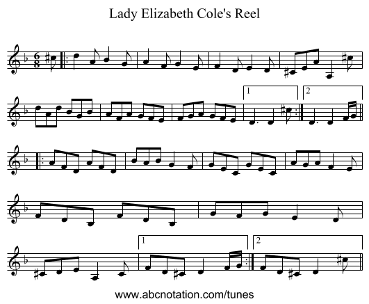 Lady Elizabeth Cole's Reel - staff notation