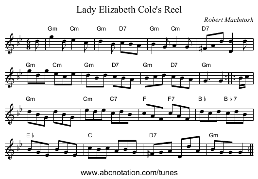Lady Elizabeth Cole's Reel - staff notation