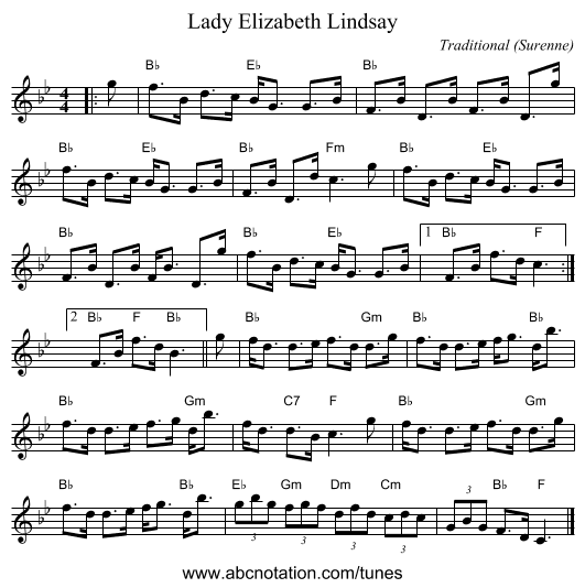 Lady Elizabeth Lindsay - staff notation