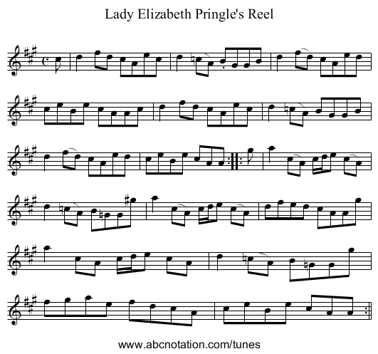 Lady Elizabeth Pringle's Reel - staff notation