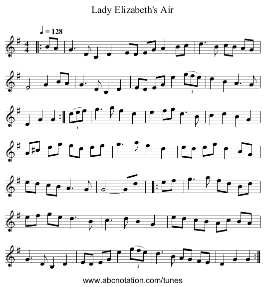 Lady Elizabeth's Air - staff notation