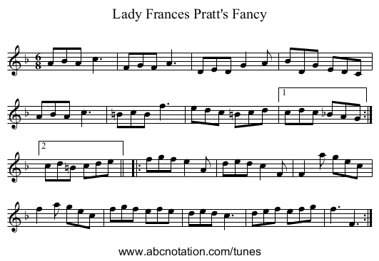 Lady Frances Pratt's Fancy - staff notation