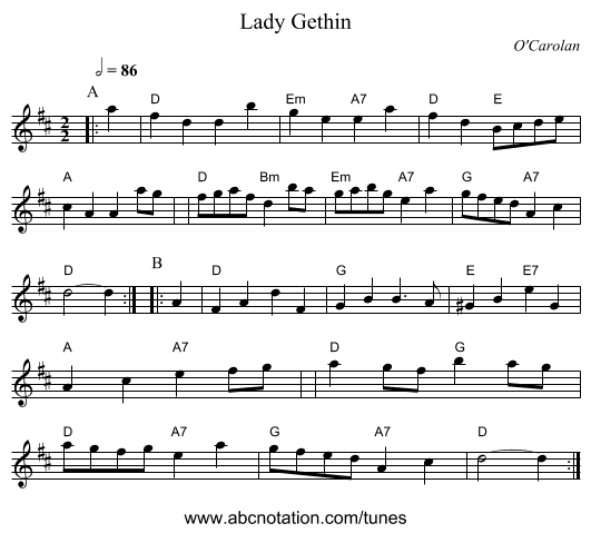 Lady Gethin - staff notation