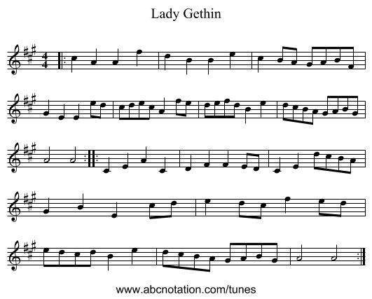 Lady Gethin - staff notation