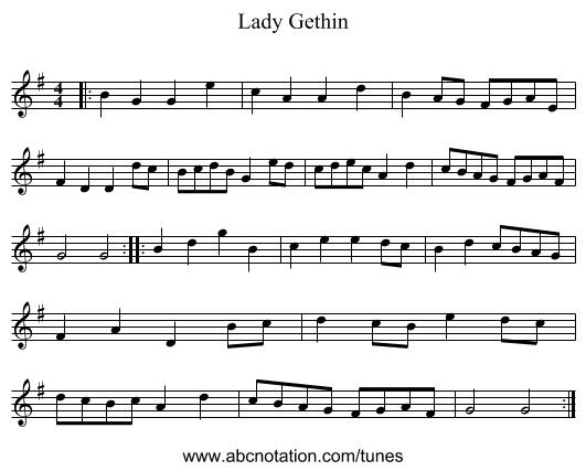 Lady Gethin - staff notation