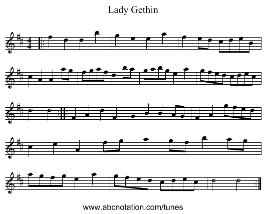 Lady Gethin - staff notation