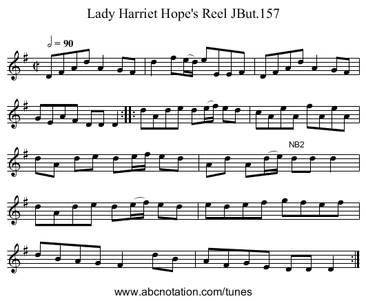 Lady Harriet Hope's Reel JBut.157 - staff notation