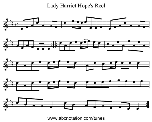 Lady Harriet Hope's Reel - staff notation
