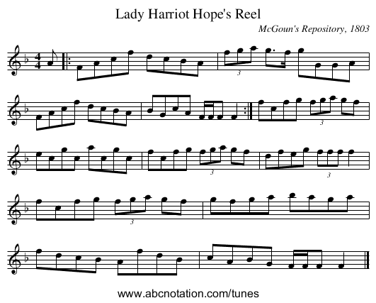 Lady Harriot Hope's Reel - staff notation