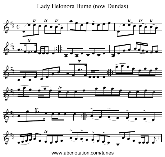 Lady Helonora Hume (now Dundas) - staff notation