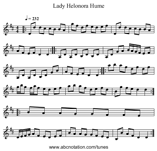 Lady Helonora Hume - staff notation