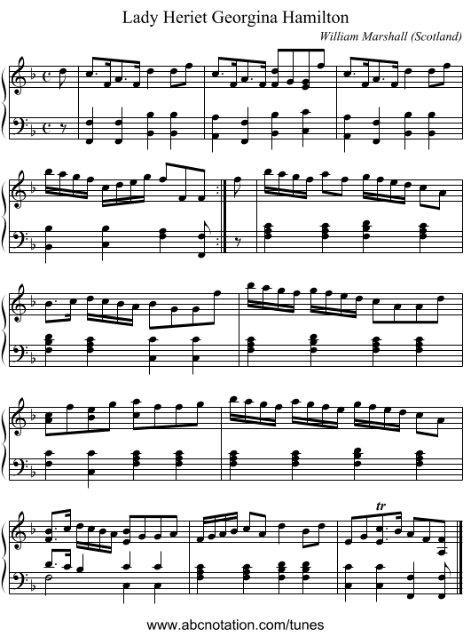 Lady Heriet Georgina Hamilton - staff notation