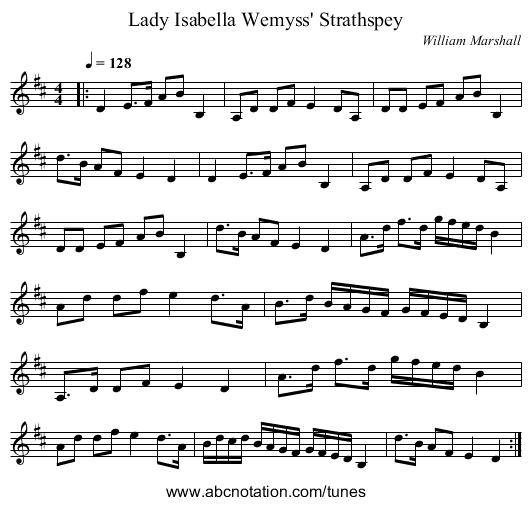 Lady Isabella Wemyss' Strathspey - staff notation