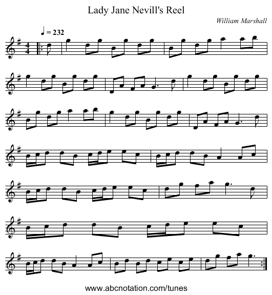 Lady Jane Nevill's Reel - staff notation