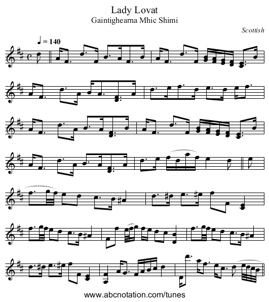 Lady Lovat - staff notation