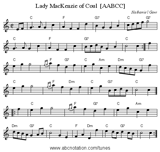Lady MacKenzie of Coul  [AABCC] - staff notation