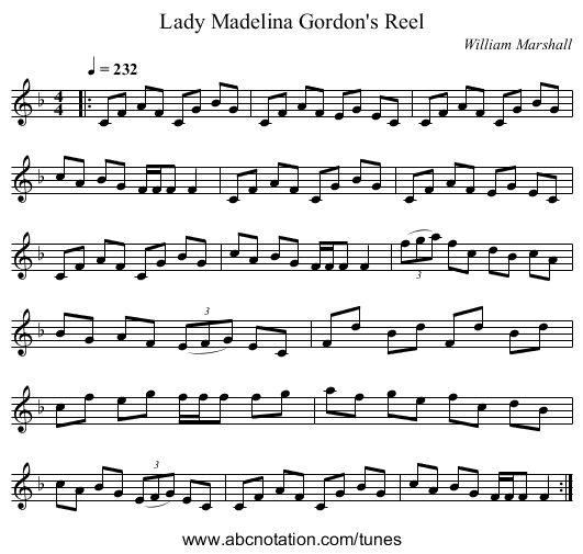 Lady Madelina Gordon's Reel - staff notation
