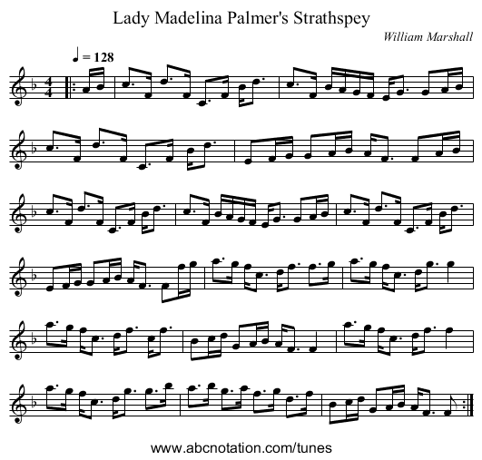 Lady Madelina Palmer's Strathspey - staff notation