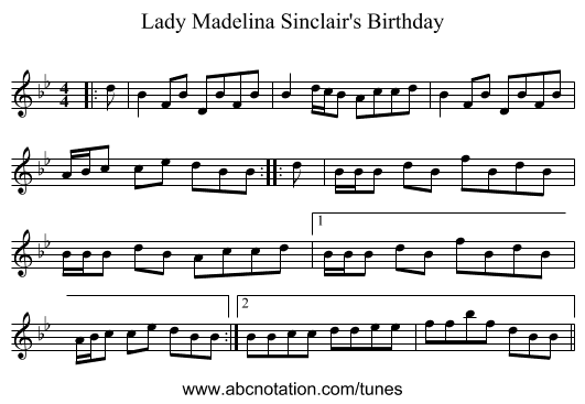 Lady Madelina Sinclair's Birthday - staff notation