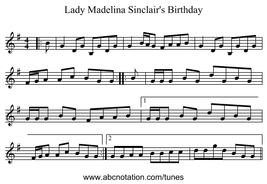 Lady Madelina Sinclair's Birthday - staff notation