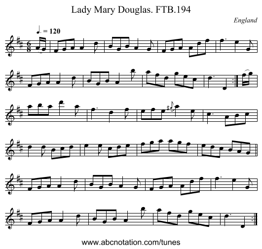 Lady Mary Douglas. FTB.194 - staff notation