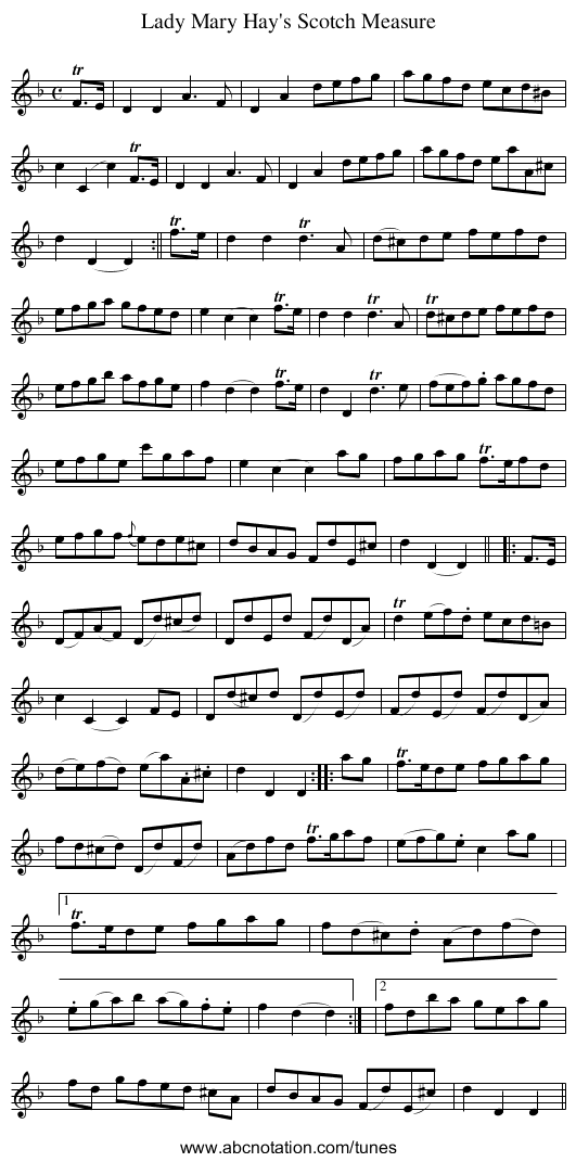 Lady Mary Hay's Scotch Measure - staff notation