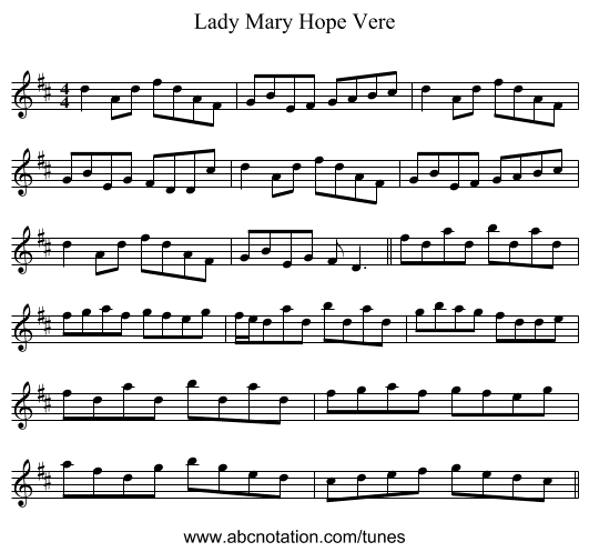 Lady Mary Hope Vere - staff notation
